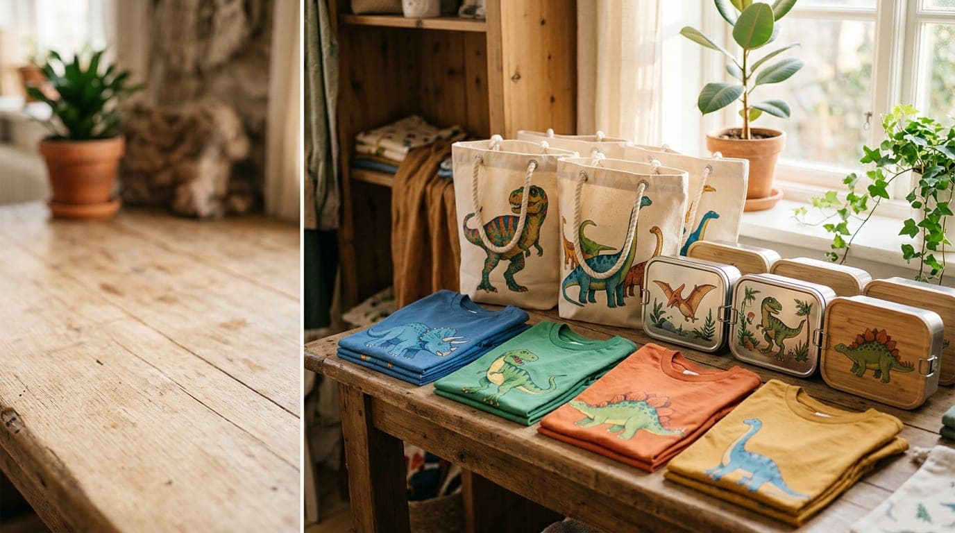 Children's products including printed t-shirts, tote bags, and lunch boxes with dinosaur designs arranged on a wooden surface.