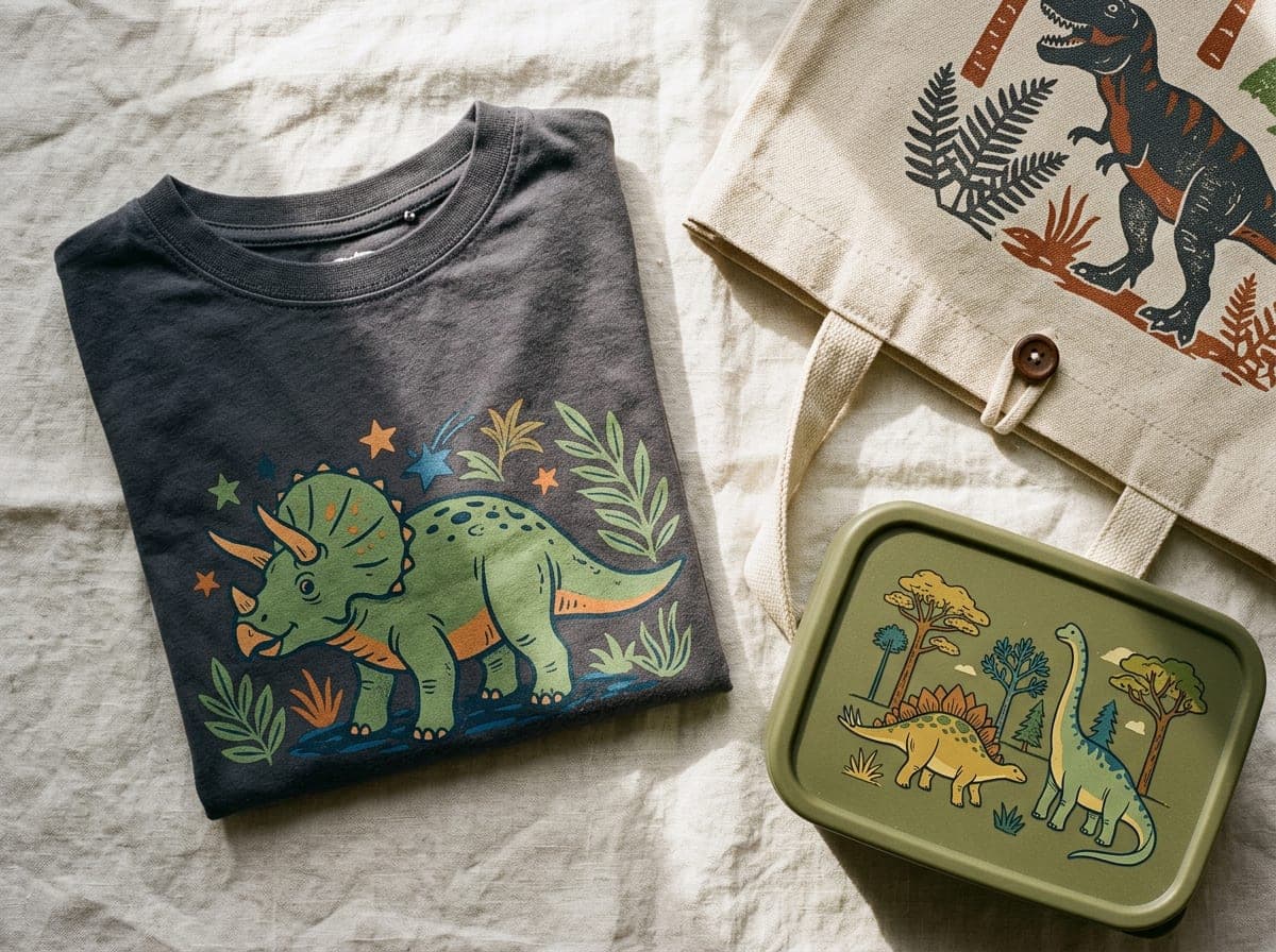 Detailed flat lay of printed kids' products showing dinosaur artwork on fabric, bag weave, and lunch box surface.